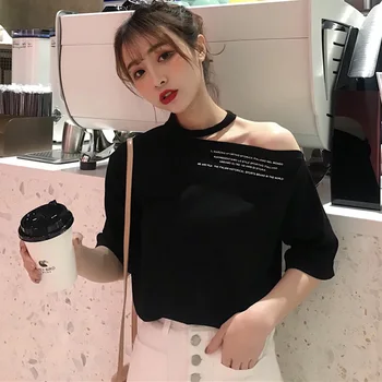 Harajuku Jednoduchý List vytlačiť T-shirts Žena kórejský sexy Bežné Tričko Ženy Fashion tričko O-krku Lete zelená čierna biela Top