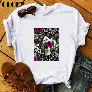 Harajuku Kosti a Botanika T Shirt Ženy Estetické Punk Lebky Kvety Grafické Tlače Oblečenie Gotický Kvetinový Lebky Tee Tričko Žena
