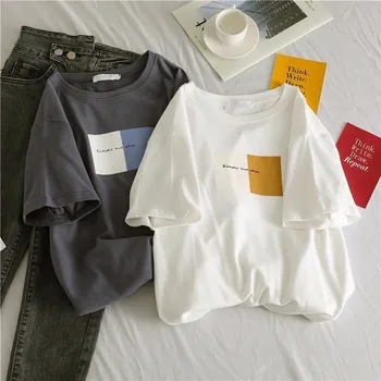 Harajuku List Vytlačiť T-shirt Jar kórejský dámske Biele tričko dámske Krátky Rukáv Voľné Jednoduché Hore Kawaii Oblečenie