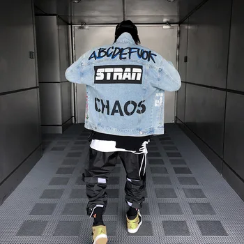Harajuku Mens Džínsy, Bundy Hip Hop Graffiti Denim Jacket Outwear Streetwear Módy Písmená Tlačené Bundy Kabáty Retro