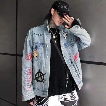 Harajuku Mens Džínsy, Bundy Hip Hop Graffiti Denim Jacket Outwear Streetwear Módy Písmená Tlačené Bundy Kabáty Retro