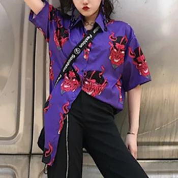 Harajuku Tričko blusas Žena ulzzang dlhý rukáv ženy, blúzky, jar, jeseň voľné gotický Diabol tlač blúzky kórejský dámske topy