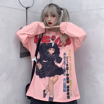 Harajuku Tričko Streetwear Anime t shirt Ženy v Pohode Karikatúra Tlače Hip Hop Streetwear Zábavné Tlačiť Bežné Ružová Nadrozmerné T Tričko
