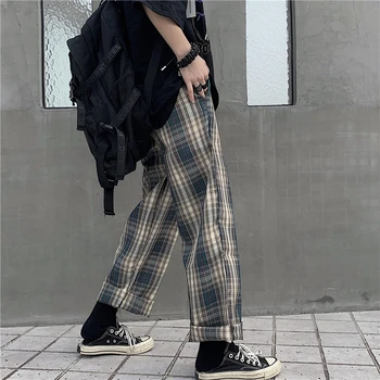 Harajuku Ženy Vysoký pás širokú nohu, nohavice Prúžok mreže Bežné Street Fashion Nohavice pre Ženy, Nové Letné Retro Japončina kórejčina