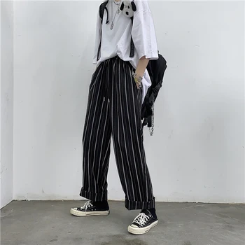 Harajuku Ženy Vysoký pás širokú nohu, nohavice Prúžok mreže Bežné Street Fashion Nohavice pre Ženy, Nové Letné Retro Japončina kórejčina