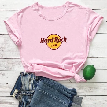 Hard Rock Cafe T-shirt Ženy Bavlna Tlač Kolo Krku Camiseta Mujer Módne Estetické Čierne a Biele Tričko pre Ženy