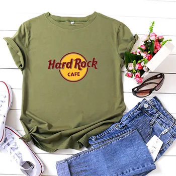 Hard Rock Cafe T-shirt Ženy Bavlna Tlač Kolo Krku Camiseta Mujer Módne Estetické Čierne a Biele Tričko pre Ženy