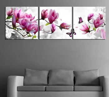 HD Vytlačí Plátno Obrázky Rámec 3 Kusy Wall Art Fialová Ružová Tulipán Kvet Motýle Obrazy Pre Obývacia Izba Domova