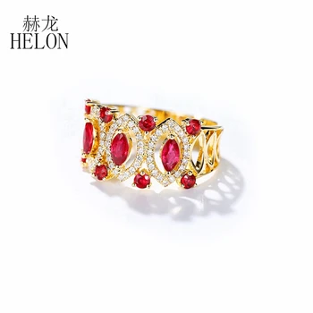 HELON Pevné 14k Žltého Zlata 1.1 ct Skutočné Prírodné Ruby & Diamantový Zásnubný Prsteň Ženy, Svadobné Elegantné Jedinečný Jemné Šperky Krúžok