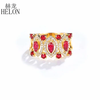 HELON Pevné 14k Žltého Zlata 1.1 ct Skutočné Prírodné Ruby & Diamantový Zásnubný Prsteň Ženy, Svadobné Elegantné Jedinečný Jemné Šperky Krúžok