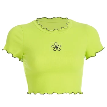 HEYounGIRL Harajuku Kawaii Roztomilý T Shirt Ženy Výšivky Krátky Rukáv Žena Tričko Topy Tees Volánikmi Žltá Zelená T-shirt Lete