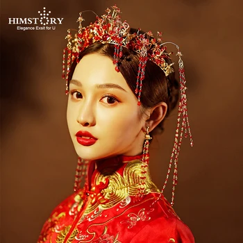 HIMSTORY Eleganciu Čínskej Tradičnej Phoenix Coronet Dlhý Strapec Hairwear Červená Cheongsam Svadobné Headdress Svadobné Vlasy Príslušenstvo