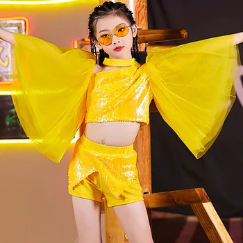 Hip Hop Tanečný Kostým Dievčatá Žltá Sequined Jazz Vyhovovali Fáze Výkonu Oblečenie Moderné Oblečenie Deti Street Dancing Nosenie DNV13423