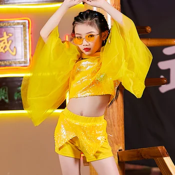 Hip Hop Tanečný Kostým Dievčatá Žltá Sequined Jazz Vyhovovali Fáze Výkonu Oblečenie Moderné Oblečenie Deti Street Dancing Nosenie DNV13423