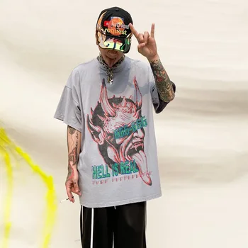 Hip-Hop Tlačené-Krátke rukávy T-shirt pánske Letné Príliv Značky Graffiti Umyté Bavlna Voľné Mäkké Pohodlné T-Shirt Mužov Oblečenie