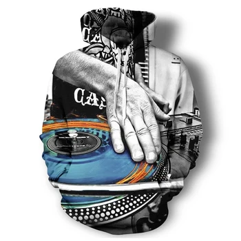 Hip Hop Štýl Vytlačené Hoodies DJ Gramofón, Hudobné Nástroje 3d Vzor Hoody Osobnosti Streetwear Módy Mikina s Kapucňou