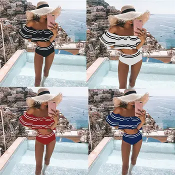 Hirigin Sexy Shoulderless Volánikmi Ženy Bikini Set Push Up Polstrovaná Plavky 2020 Pruhy Vysokej Wasit Tankiny Plavky Bather