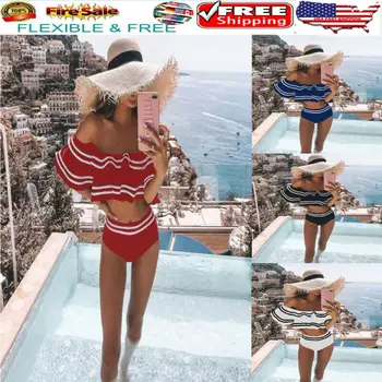Hirigin Sexy Shoulderless Volánikmi Ženy Bikini Set Push Up Polstrovaná Plavky 2020 Pruhy Vysokej Wasit Tankiny Plavky Bather