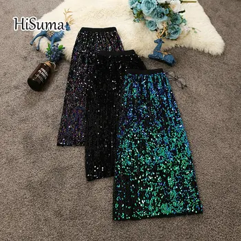 HISUMA 2020 jeseň zima nové dámske elegantné sequines lesklé package hip sukne žena vysoký pás vintage bling ceruzku sukne