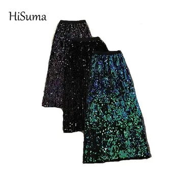 HISUMA 2020 jeseň zima nové dámske elegantné sequines lesklé package hip sukne žena vysoký pás vintage bling ceruzku sukne