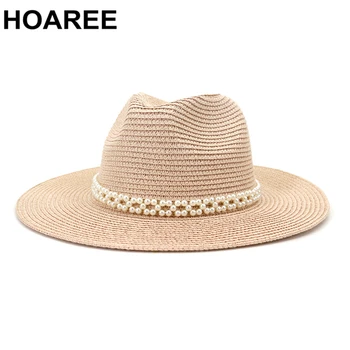 HOAREE Navy Panamský Klobúk Štýlový Pearl Letné Beach Dámy plstený klobúk Široký Okraj Klobúka Slamy Slnko Čiapky pre Ženy Jazz Fedora Klobúk