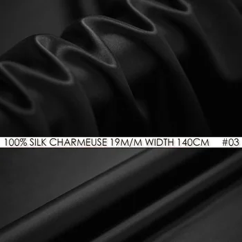 HODVÁB CHARMEUSE SATIN 140 cm šírka 19momme Čistého Hodvábu Tkaniny pre Šitie Bonsai Dekorácie, Party Páska Čierna Farba