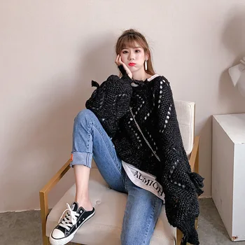 Hohair ženy voľné štýl otvor Duté z sveter kintted pulóver príliš dlhý rukáv čipky jumper kórejský módne svetre