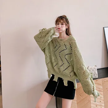 Hohair ženy voľné štýl otvor Duté z sveter kintted pulóver príliš dlhý rukáv čipky jumper kórejský módne svetre