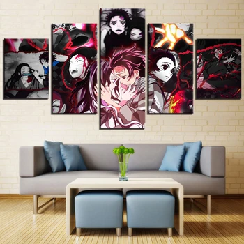 Home Decor 5 Panel Plátno Na Stenu Umenie Démon Vrah Kimetsu Č Yaiba Maľovanie Obrázkov Na Tlač Modulárneho Rámu Plagát Na Obývacia Izba