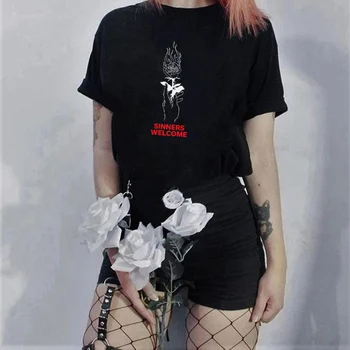 Horiace Rose Tlač Nadrozmerná Tmavé Goth Tričko Egirl Punk Streetwear Grafické Tees Ženy Grunge Estetické Gotický T-shirt Tumblr Top