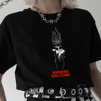 Horiace Rose Tlač Nadrozmerná Tmavé Goth Tričko Egirl Punk Streetwear Grafické Tees Ženy Grunge Estetické Gotický T-shirt Tumblr Top