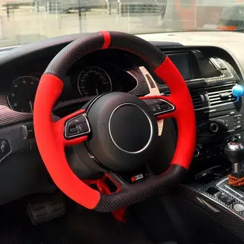 HOT PREDAJ DIY Čierne Kožené Červený Semiš Auto Volant, Kryt pre Audi RS4 RS5 S5 2012-2016 Nový vzor Interiéru