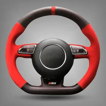 HOT PREDAJ DIY Čierne Kožené Červený Semiš Auto Volant, Kryt pre Audi RS4 RS5 S5 2012-2016 Nový vzor Interiéru
