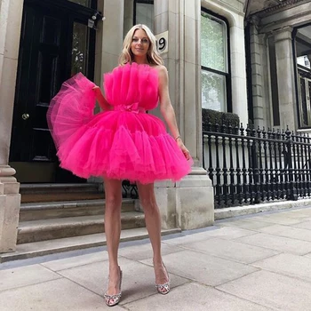 Hot Predaj Krátke Koktejlové Šaty 2020 Baby Pink Hot Pink Extra Opuchnuté Tylu Prom Šaty Dievčatá Nad Kolená Riadok Formálnej Strany Plášte
