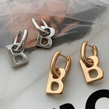 HUANZHI 2020 Nové Kovové Geometrické Písmeno B Zlato, Striebro Vymeniteľné Asymetrické Dvojaký Účel Drop Náušnice pre Ženu Dievčatá Šperky