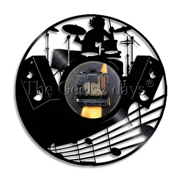 Hudobné nástroje, Bicie Súpravy Vinyl Nástenné Hodiny S LED Podsvietením Bubeník Rockovej Hudby Kapely Dekoratívne Osvetlenie