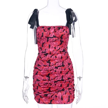 Hugcitar 2020 kvetinový tlač bez rukávov roztomilý mini šaty jar ženy streetwear ruched patchwork vianočný večierok oblečenie