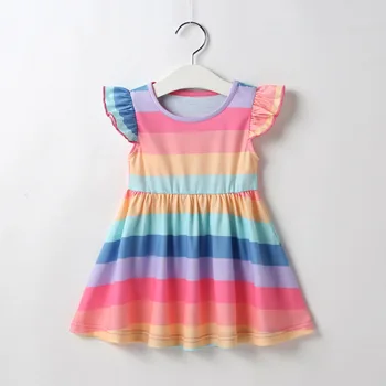 Humor Medveď Batoľa Detský Baby Dievčatá Šaty Lietať Rukáv Rainbow Pruhované Šaty Pre Dievča Módne-line Sundress Letné Oblečenie