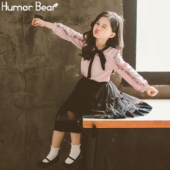 Humor Medveď Dievčatá Oblečenie Vyhovovali Jeseň Dlhý Rukáv kórejský Módne Rozstrapatené T-Shirt+ Oka Sukne 2ks Teenning Oblečenie pre 4-13Y