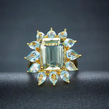 Hutang 925 Strieborný Prsteň Lesklý Originálny Zelený Ametyst Blue Topaz Šterlingov Strieborné Prstene pre Ženy Jemným Elegantným Drahokam Šperky