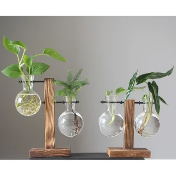 Hydroponické Rastliny Vázy Vintage Kvetináče Transparentné Váza Drevený Rám Skla Stola Rastliny Domov Bonsai Dekor