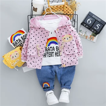 HYLKIDHUOSE 2020 Jeseň Baby Dievčatá Oblečenie Sady Novorodenca Šaty s Kapucňou Medveď Coats T Tričko, Džínsy 3 Kus Deti Oblečenie