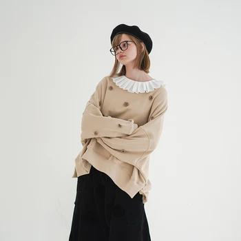 Imakokoni marhuľový šitie malých kvet pôvodné Japonské jednoduché pulóver hoodies nové jesenné a zimné oblečenie pre ženy