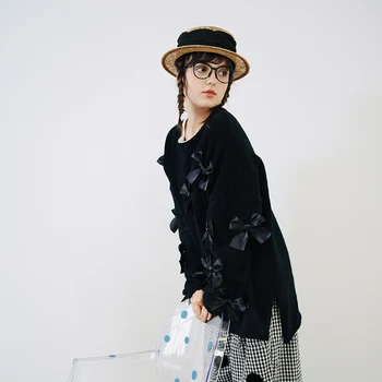 Imakokoni pôvodného black bow sveter žena jeseň voľné bežné dlhým rukávom svetra