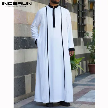 INCERUN Mužov Islamskej Kaftan Moslimské Oblečenie s Dlhým Rukávom Patchwork Stojan Golier Vintage Šaty Dubaj arabskom Blízkom Východe Jubba Thobe