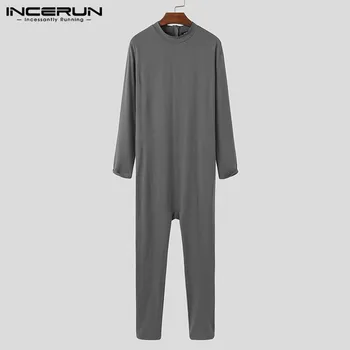 INCERUN Mužov Jumpsuit Pyžamo oblečenie pre voľný čas Dlhý Rukáv O Krk Voľný Odev Mäkké Farbou Fitness Mužov Remienky Sleepwear S-5XL