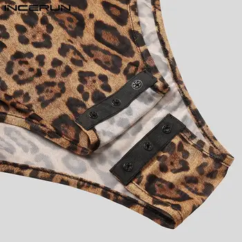 INCERUN Mužov Kombinézu T Shirt Leopard Tlač Sexy Turtleneck Dlhý Rukáv Fitness Módne Remienky Streetwear Bielizeň Kombinézach