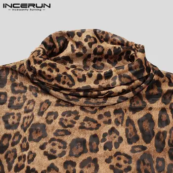 INCERUN Mužov Kombinézu T Shirt Leopard Tlač Sexy Turtleneck Dlhý Rukáv Fitness Módne Remienky Streetwear Bielizeň Kombinézach