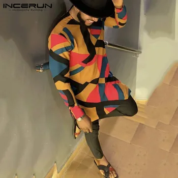 INCERUN Vintage Dashiki Tričko Mužov Afriky Vytlačené Dlhý Rukáv Kolo Krku 2021 Voľné Dlhé Topy Bežné Mužov Afriky Oblečenie S-5XL
