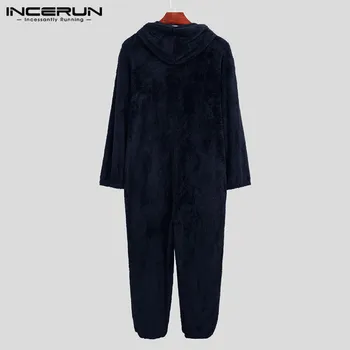 INCERUN Zimné Mužov Pyžamo Jumpsuit Fleece, Dlhý Rukáv Teplé Zips s Kapucňou oblečenie pre voľný čas Pevné Voľný čas Mens Sleepwear Remienky S-5XL